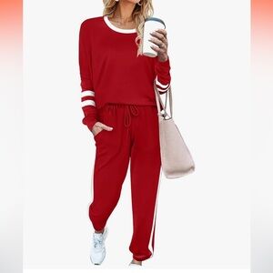 Red jogger sweat set with white stripes